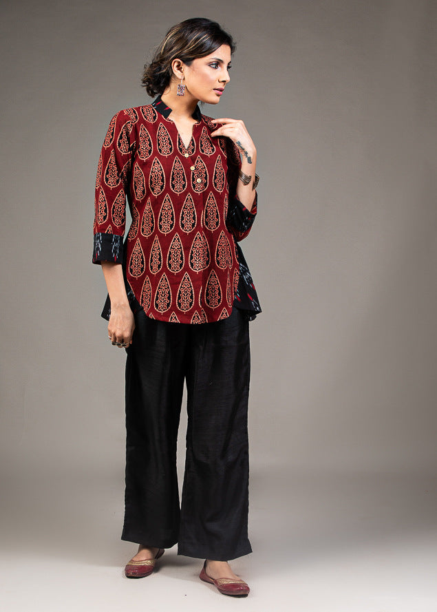 Maroon black Chinese collar roll up Ikat sleeve top