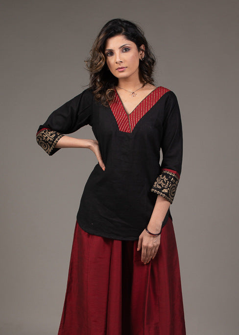 Hand embroidered zardozi maroon collar cotton silk top