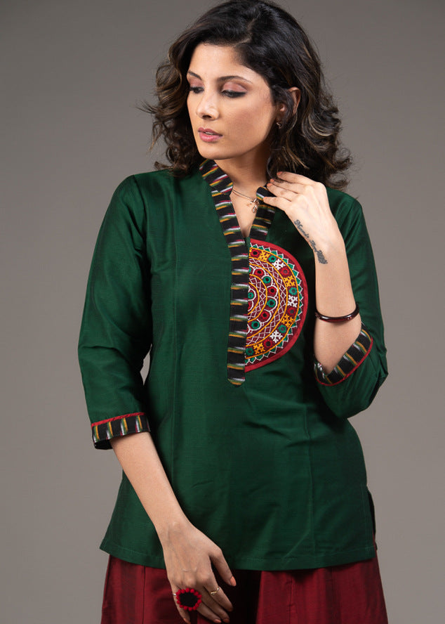 Forest green top with embroidered kutch mirror work & placket