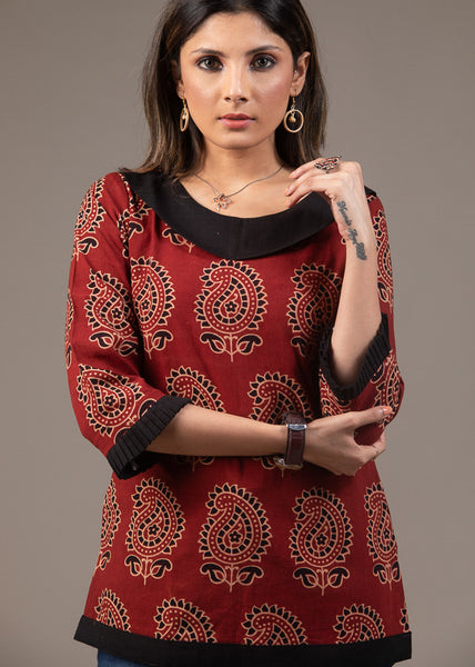 Paisley leaf maroon Ajrakh printed top