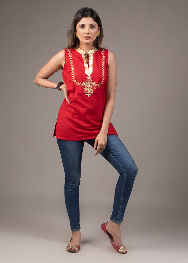 Red zari embroidered festive chineese collar cotton top