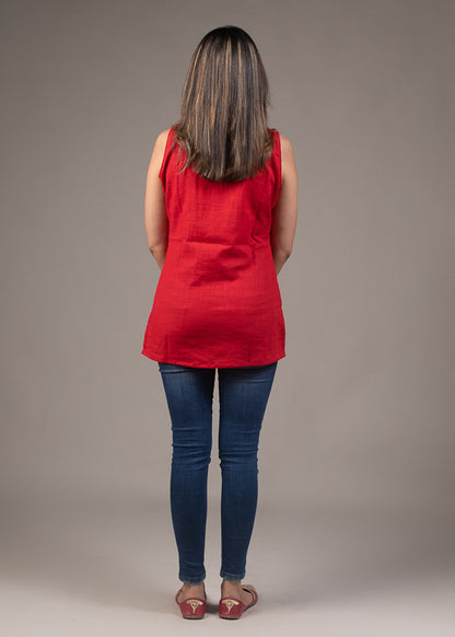 Red zari embroidered festive chineese collar cotton top