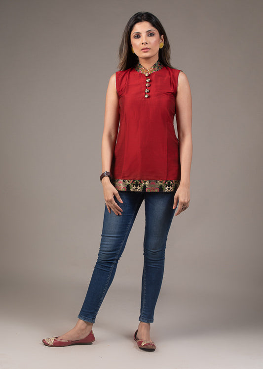 Maroon cotton silk Benarasi combination top