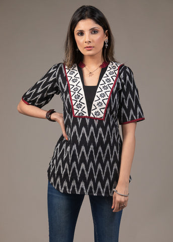 Exclusive black zig zag Ikat embroidered top