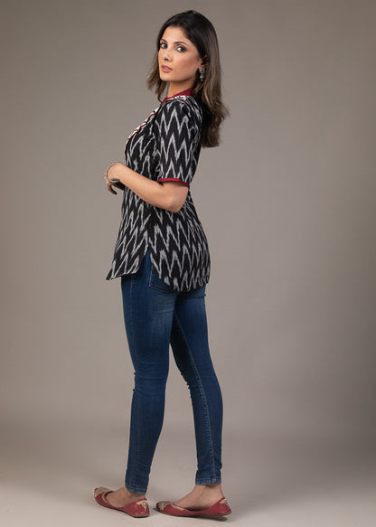 Exclusive black zig zag Ikat embroidered top
