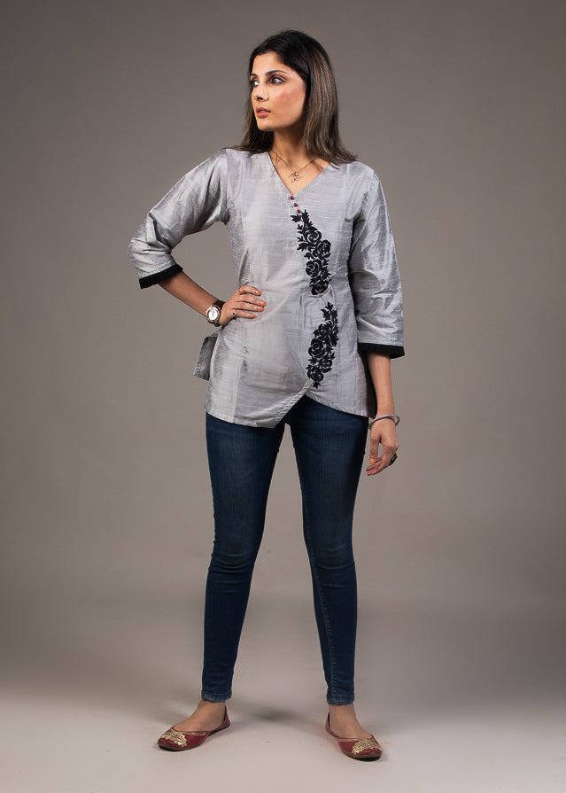 Grey cotton silk embroidered top