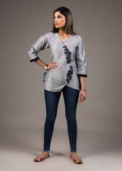 Grey cotton silk embroidered top