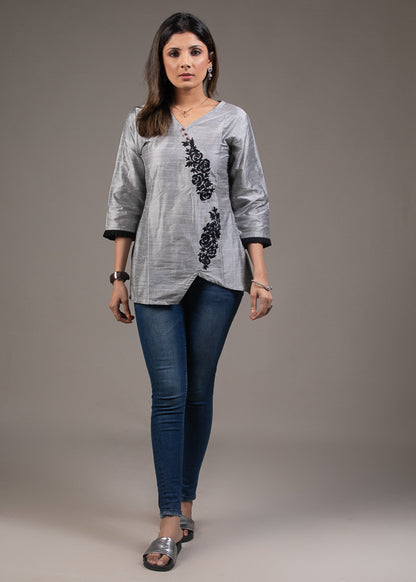 Grey cotton silk embroidered top