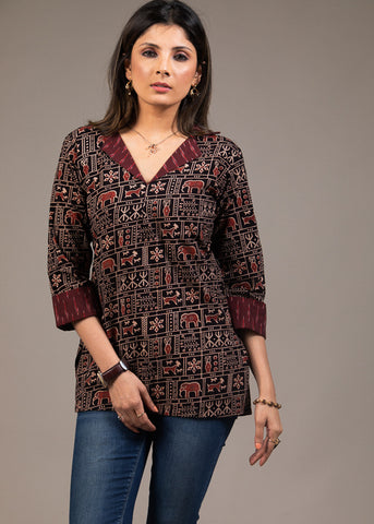 Black animal print Ajrakh pure cotton top with Ikat collar and cuff