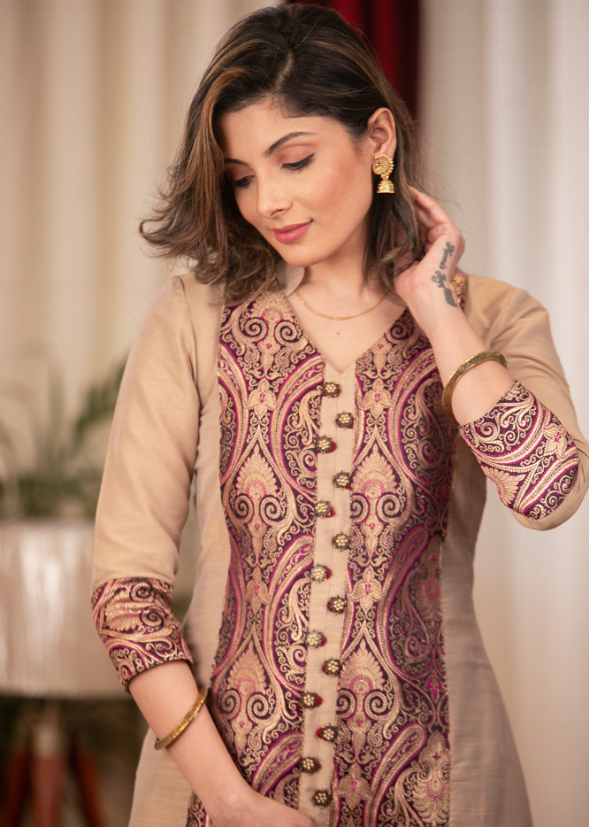 A- Line Beige Cotton Silk Kurta with Elegant Multi Colour Banarasi Panel - Pant Optional