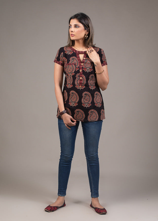Ajrakh printed short sleeve top with hand crafted button