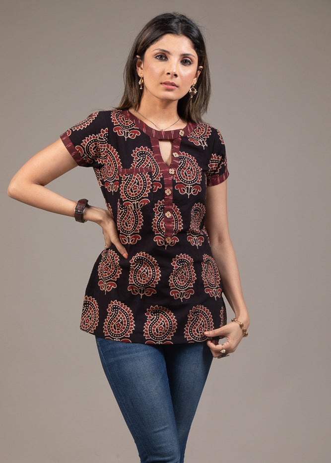 Ajrakh printed short sleeve top with hand crafted button
