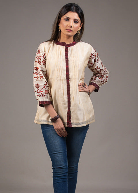 Beige chanderi top with embroidered puff sleeves & lining
