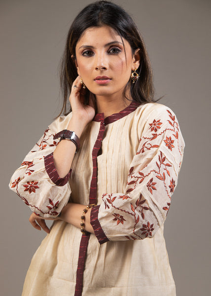 Beige chanderi top with embroidered puff sleeves & lining