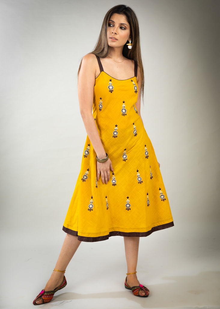 Mustard Cotton antique motif embroidery strapy dress
