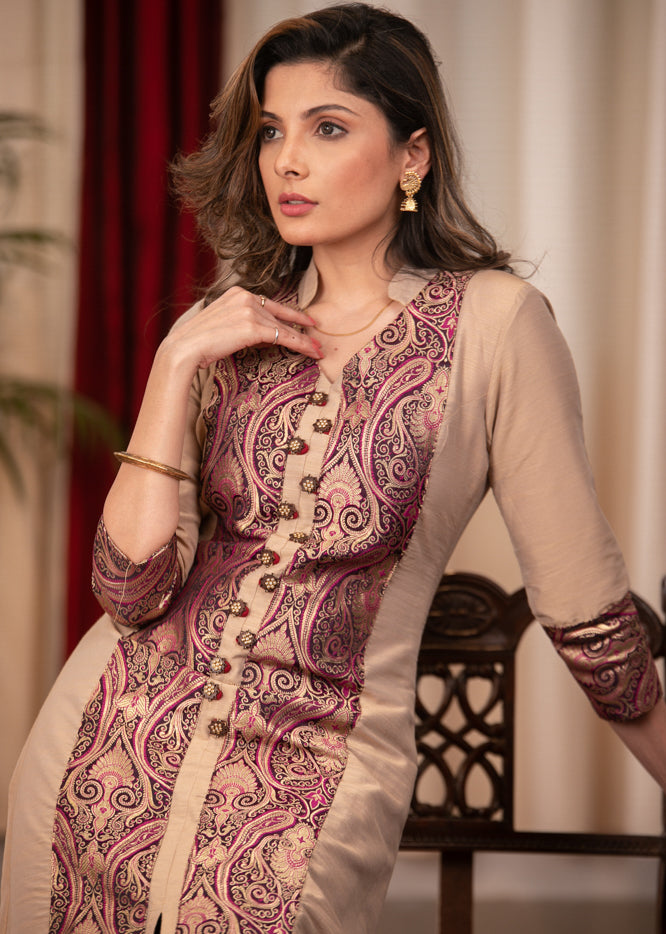 A- Line Beige Cotton Silk Kurta with Elegant Multi Colour Banarasi Panel