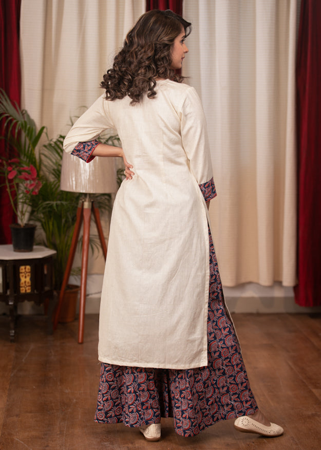 Straight Cut Offwhite Handloom Cotton Beautifully embroidered kurta with optional block printed flared plazzo
