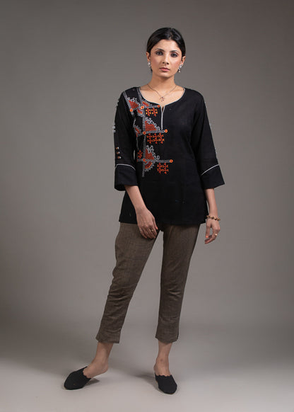 Multicolored embroidered black pure cotton designer top