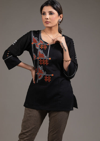 Multicolored embroidered black pure cotton designer top