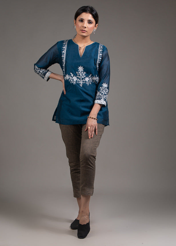 Embroidered blue chanderi top with lining