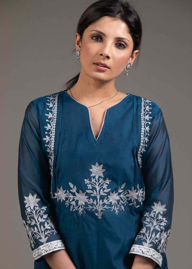 Embroidered blue chanderi top with lining