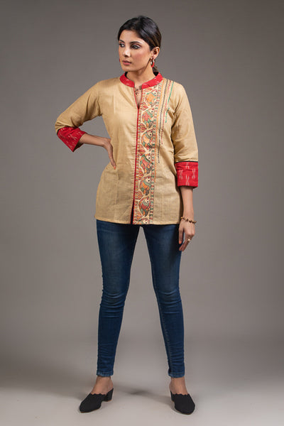 Madhubani painted cotton top with stich detailing