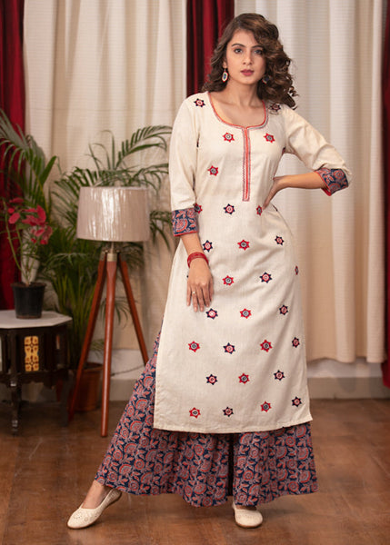 Straight Cut Offwhite Handloom Cotton Beautifully embroidered kurta with optional block printed flared plazzo