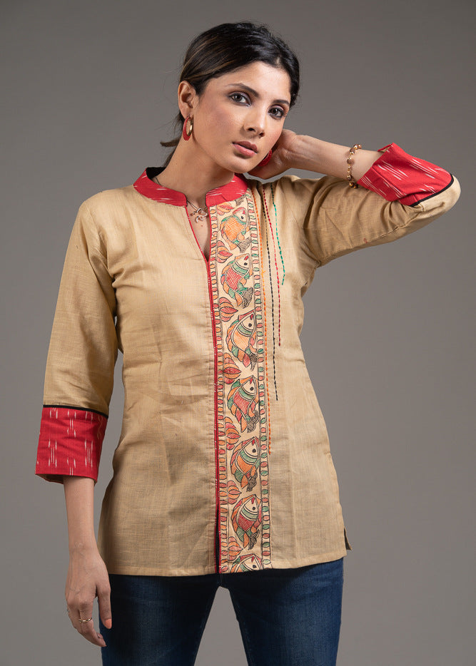 Madhubani painted cotton top with stich detailing