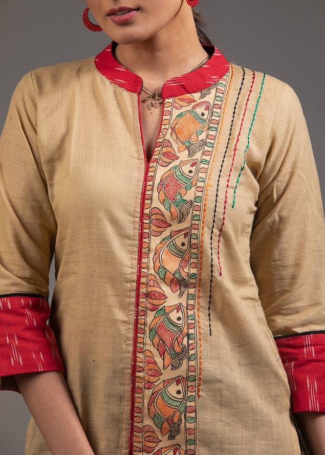 Madhubani painted cotton top with stich detailing