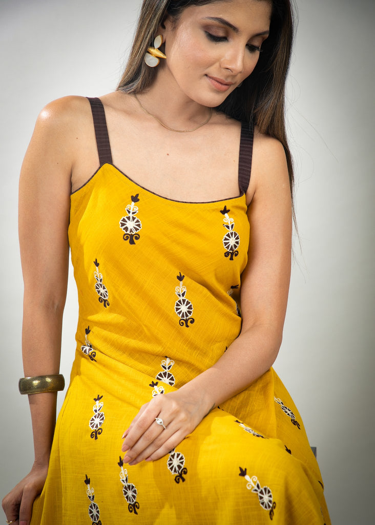 Mustard Cotton antique motif embroidery strapy dress