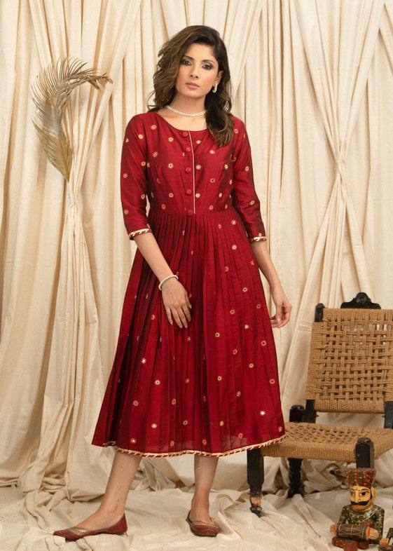 Exclusive maroon cotton silk dress with mirror work all over