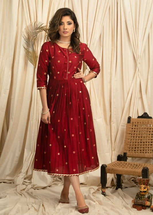 Exclusive maroon cotton silk dress with mirror work all over