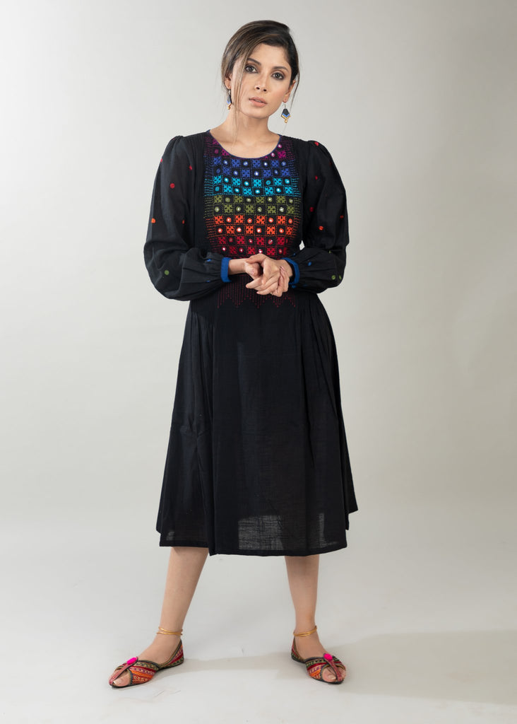 Black cotton dress with mirror embroidery on yoke