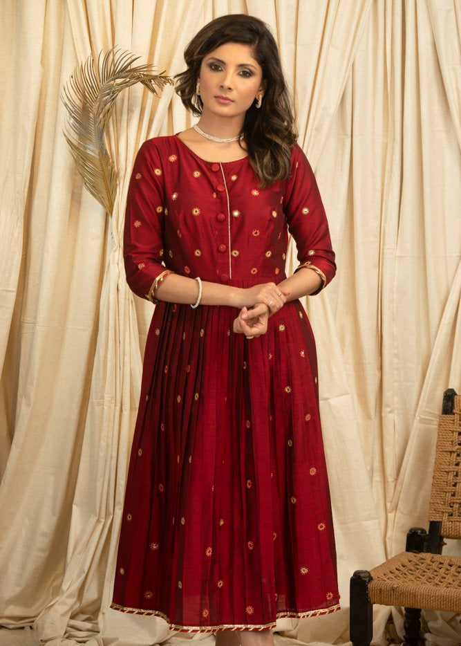 Exclusive maroon cotton silk dress with mirror work all over
