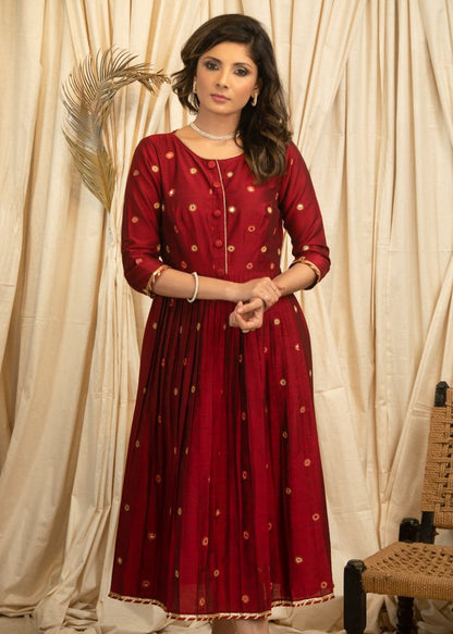 Exclusive maroon cotton silk dress with mirror work all over