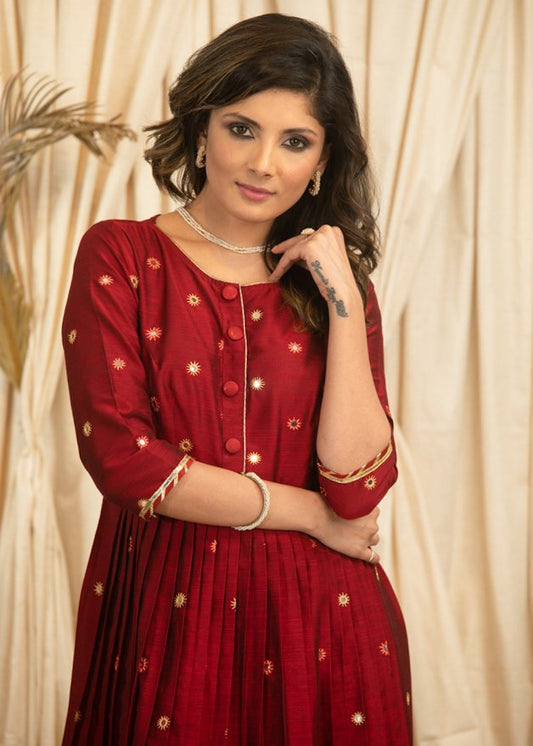 Exclusive maroon cotton silk dress with mirror work all over