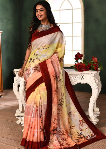 Exclusive printed linen cotton saree