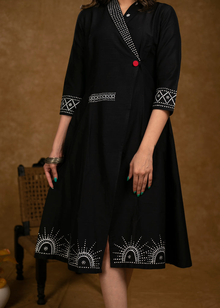 Chique Black Cotton Silk Overlap Hand Painted Dress
