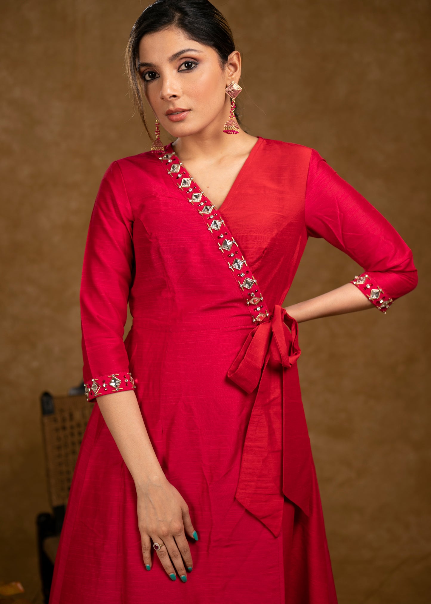 Beautiful Rose Pink & Red Cotton Silk Hand Stone Work Overlap Dress