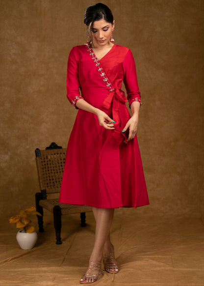 Beautiful Rose Pink & Red Cotton Silk Hand Stone Work Overlap Dress