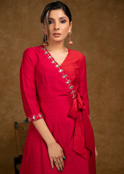 Beautiful Rose Pink & Red Cotton Silk Hand Stone Work Overlap Dress