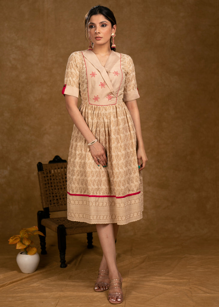 Beautiful Beige Chikankari Dress with Floral Hand Painting