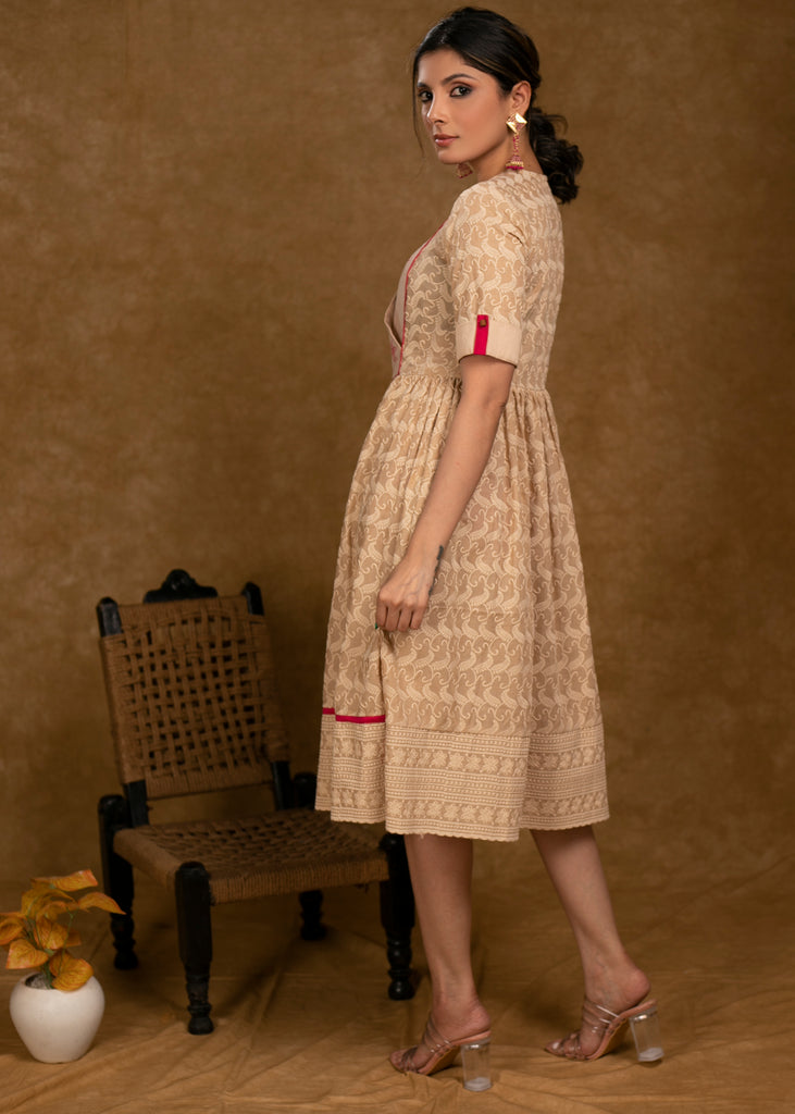 Beautiful Beige Chikankari Dress with Floral Hand Painting