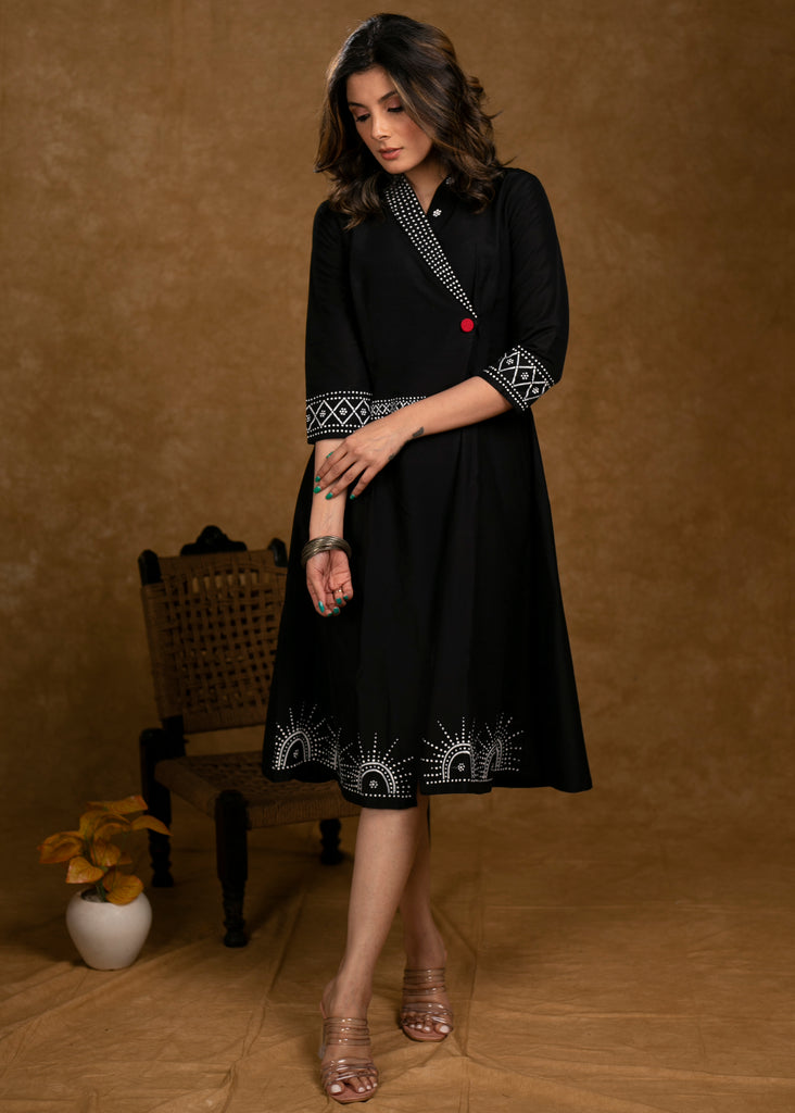 Chique Black Cotton Silk Overlap Hand Painted Dress