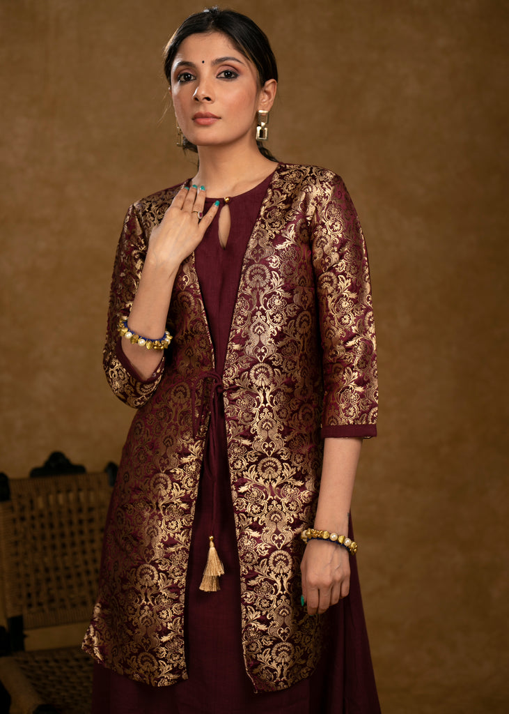 Classy Wine Cotton Dress with Attached Brocade Jacket