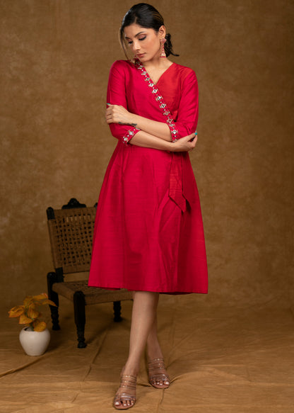 Beautiful Rose Pink & Red Cotton Silk Hand Stone Work Overlap Dress