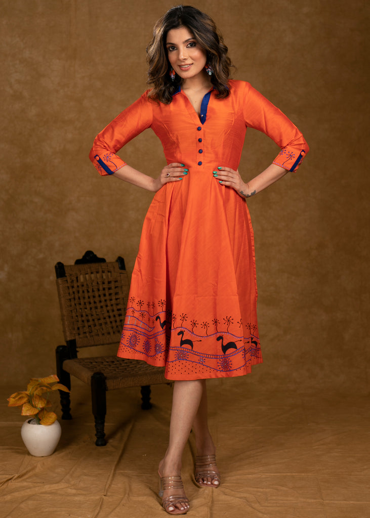 Exclusive Orange Cotton Silk Dress with Gond Painting on Hemline and Sleeves