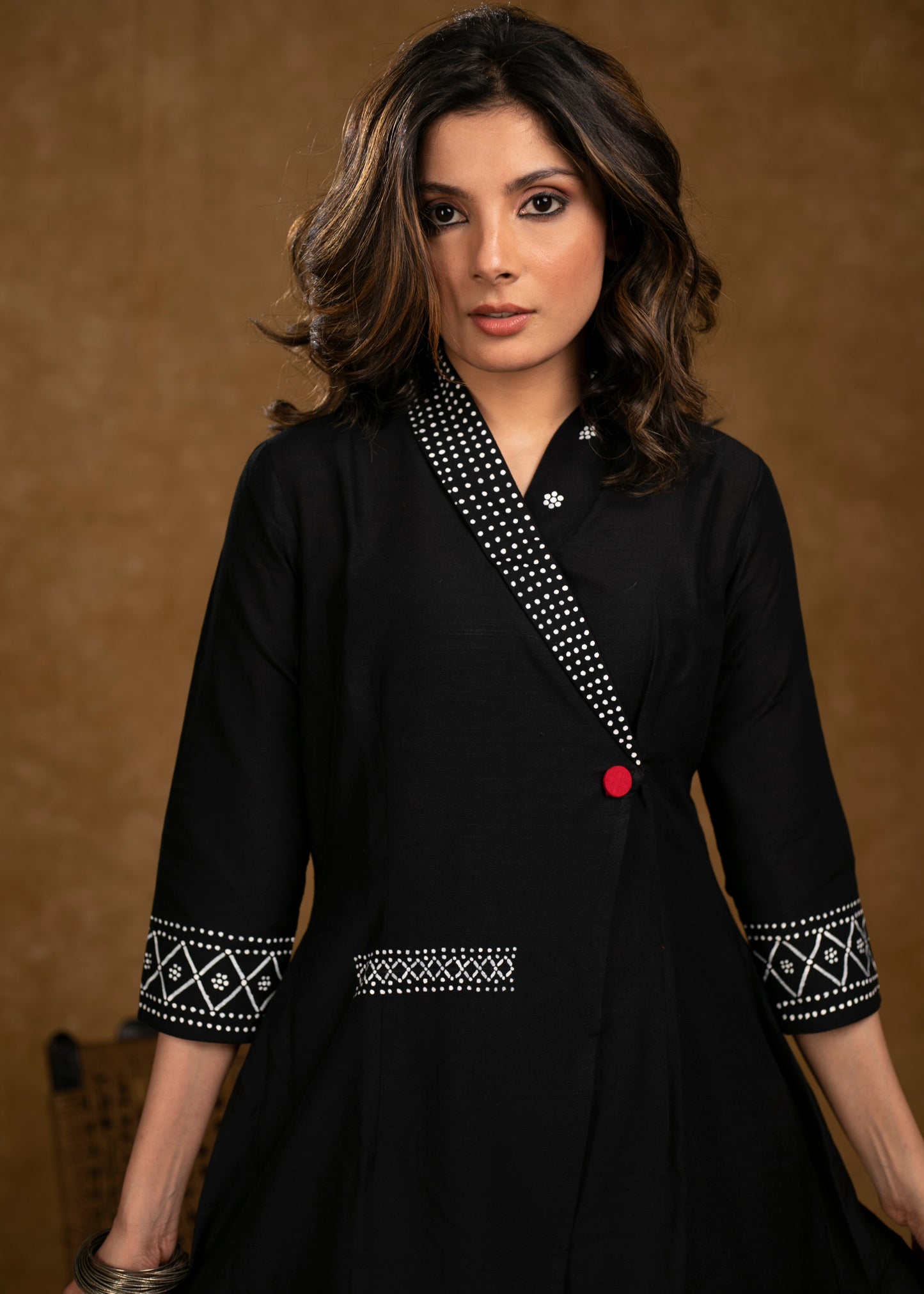 Chique Black Cotton Silk Overlap Hand Painted Dress