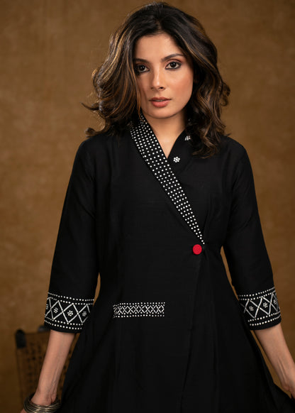 Chique Black Cotton Silk Overlap Hand Painted Dress