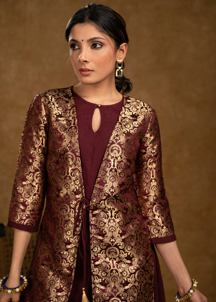 Classy Wine Cotton Dress with Attached Brocade Jacket